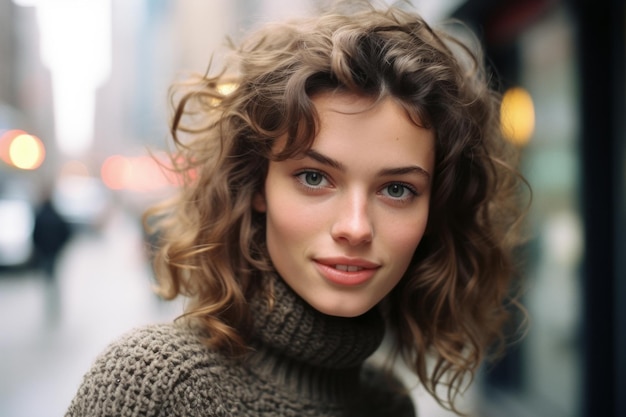 beautiful young woman with curly hair on the street