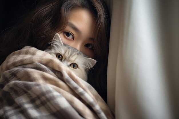 Beautiful young woman with cute cat on light background