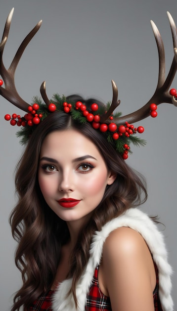 머리에 사 ⁇   ⁇ 을 가진 아름다운 젊은 여성 크리스마스
