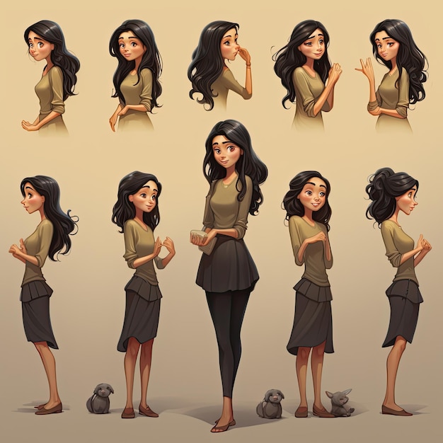 Beautiful young woman with different hairstyles poses and emotions Vector illustration