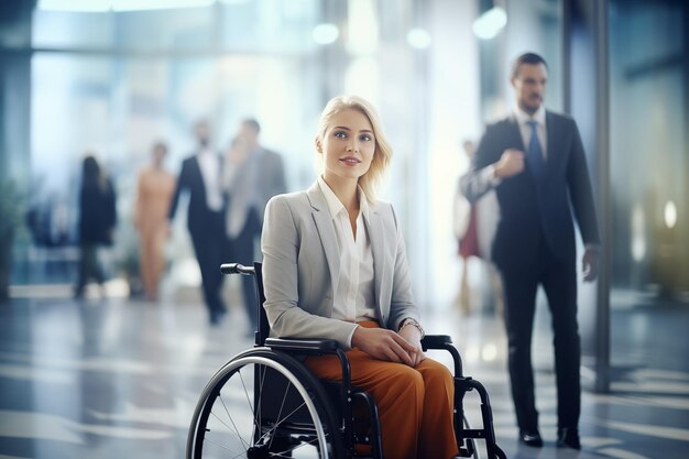 Foto bella giovane donna con un disabilità in un abito da lavoro in un ufficio moderno giovane professionista