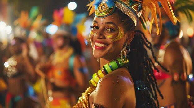 Beautiful young woman with dreadlocks smiling and wearing a colorful feathered headdress and jewelry