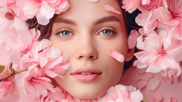 Beautiful young woman with flawless skin among vibrant cherry blossoms in spring