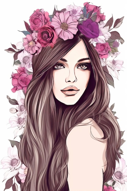 Beautiful young woman with flower wreath on her head Fashion illustration