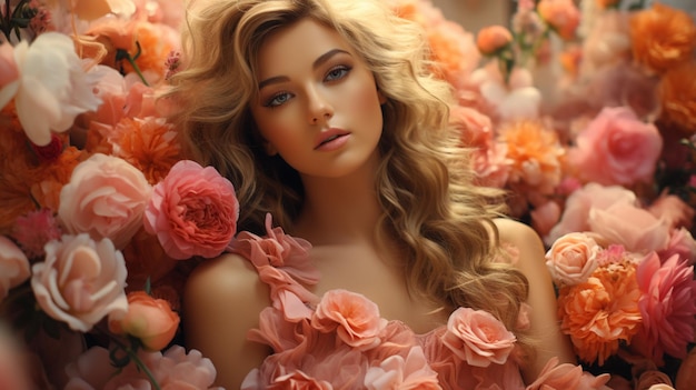 Beautiful young woman with flowers closeup portrait