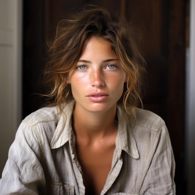 A beautiful young woman with freckles on her face is looking at the camera