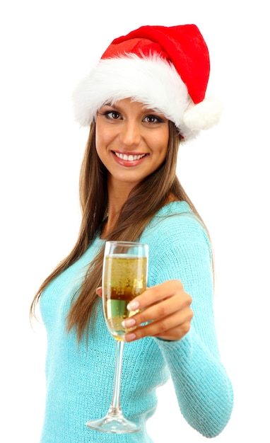 Beautiful young woman with glass of champagne, isolated on white