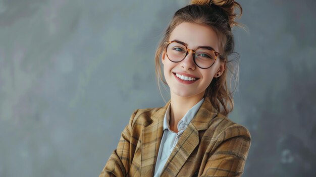 Beautiful young woman with glasses and a bun smiling She is wearing a brown jacket and a white shirt