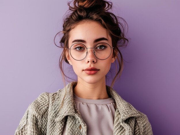 Photo beautiful young woman with glasses on purple background