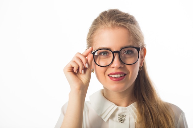 beautiful young woman with glasses on white background