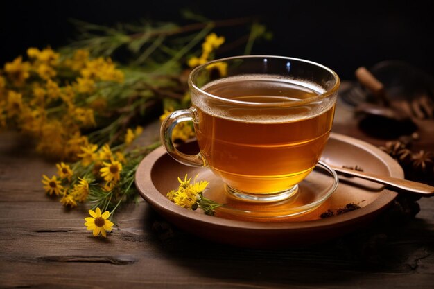 Beautiful young woman with hair bun holding large cup of tea