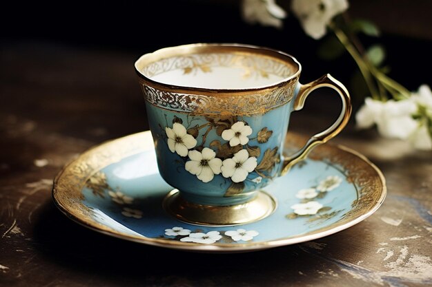 Beautiful young woman with hair bun holding large cup of tea