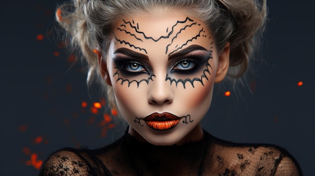 Photo beautiful young woman with halloween makeup on a dark background high quality photo