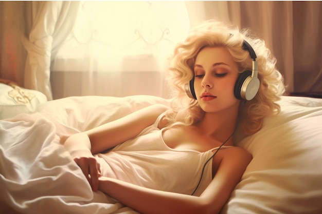 Beautiful young woman with headphones listening to music in bed at sunset