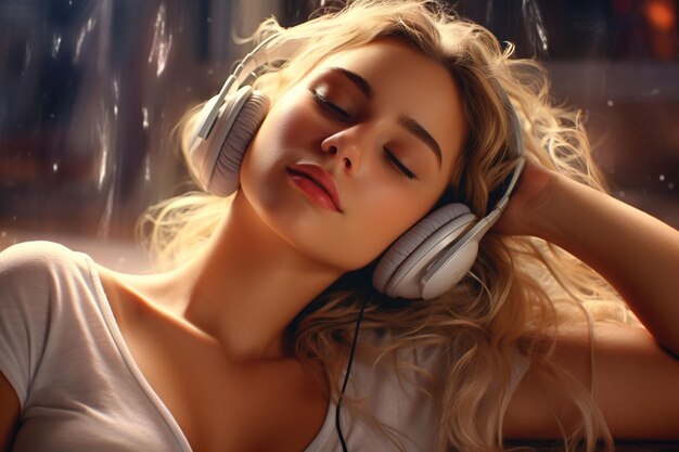 Beautiful young woman with headphones listening to music Portrait of a beautiful blonde girl in headphones