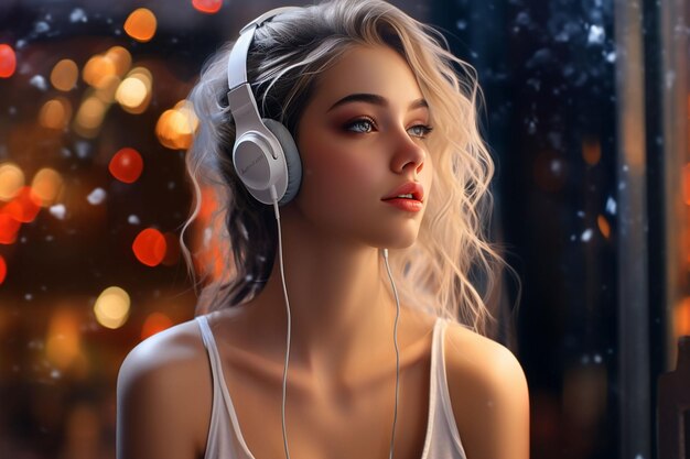 Beautiful young woman with headphones listening to music Portrait of a beautiful blonde girl in headphones