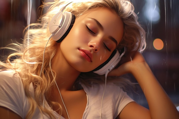 헤드폰을 들고 음악을 듣는 아름다운 젊은 여성 헤드폰으로 아름다운 금발 소녀의 초상화