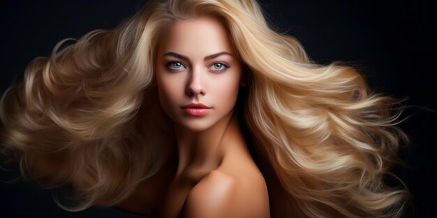 Foto bella giovane donna con capelli lunghi e biondi ondulati sani stile di capelli tintura capelli cura dei capelli