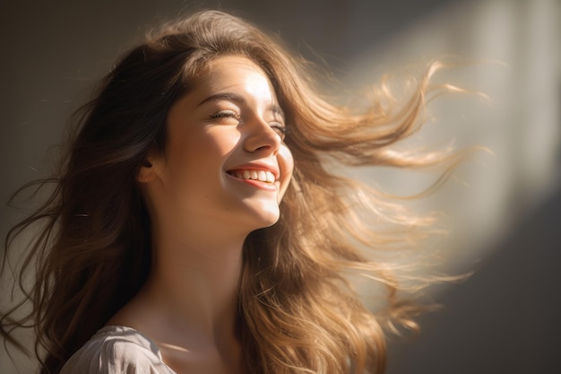 a beautiful young woman with her hair blowing in the wind