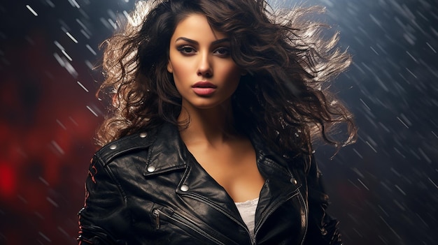 beautiful young woman with a leather jacket