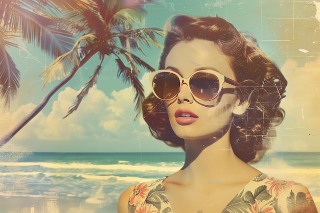 Photo beautiful young woman with leaves palm tree stylish lady in summer vacation retro collage style