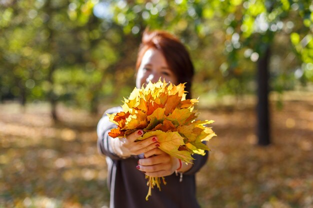 秋の公園poの葉の背景に薄茶色の髪のセーターを持つ美しい若い女性