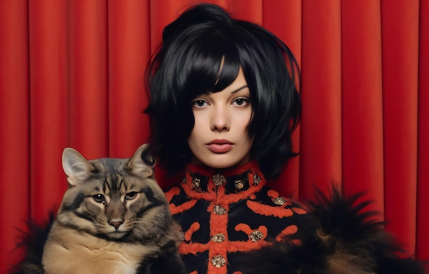 Beautiful young woman with long black hair and a cat on a red background