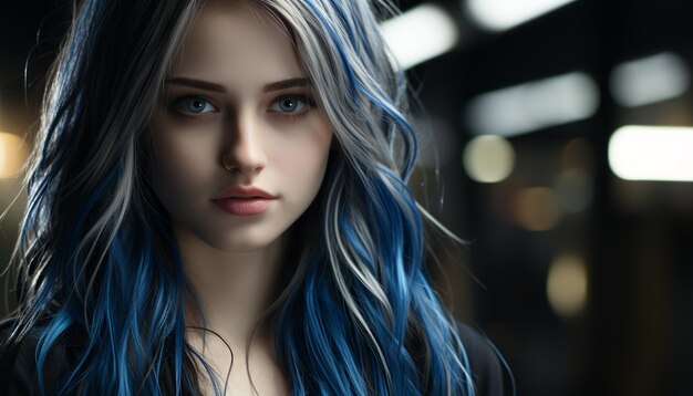 A beautiful young woman with long blond hair and blue eyes generated by artificial intelligence