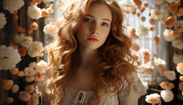 A beautiful young woman with long blond hair and a flower generated by artificial intelligence