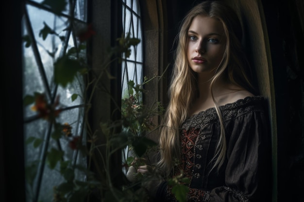 a beautiful young woman with long blond hair looking out a window