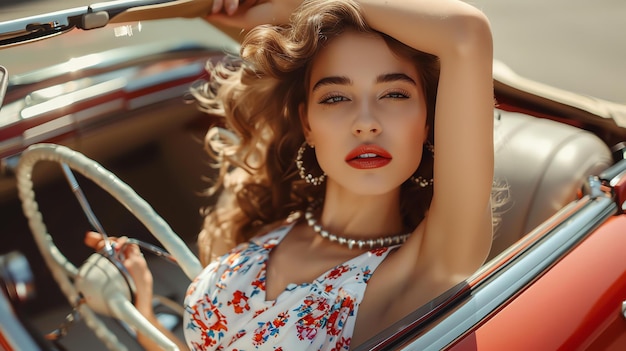 Photo beautiful young woman with long blond hair and red lips sitting in a red vintage car