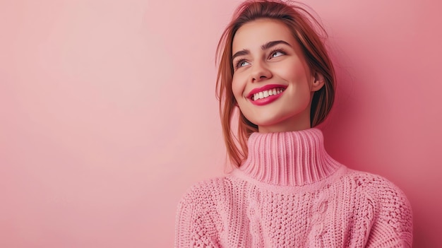 Foto bella giovane donna con lunghi capelli biondi che indossa un maglione a colletto rosa sorridendo e guardando lontano