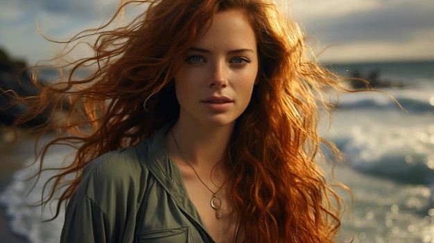 beautiful young woman with long brown hair and a beautiful face with a wreath on her head on a wooden pier