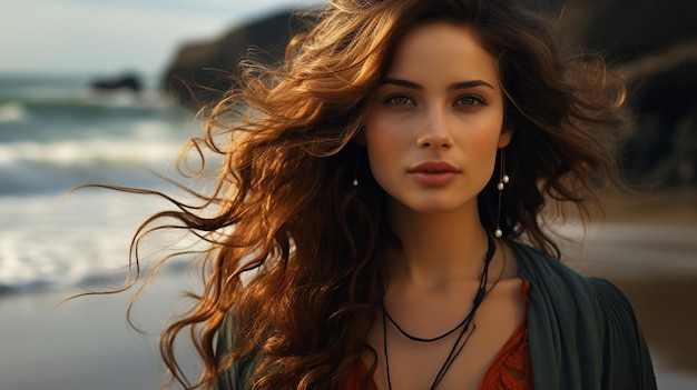 beautiful young woman with long brown hair and a beautiful face with a wreath on her head on a wooden pier