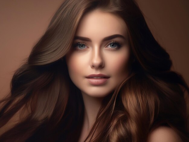 A beautiful young woman with long brown hair looking at camera