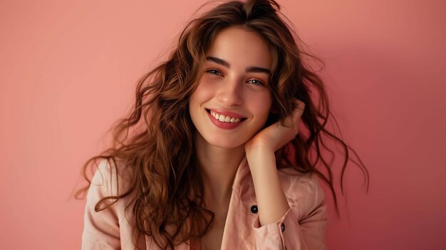 Beautiful young woman with long brown hair smiling She is wearing a pink jacket and has a hand on her cheek