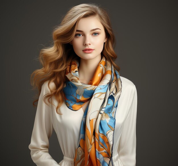 Beautiful young woman with long curly blonde hair and bright colorful scarf Studio shot