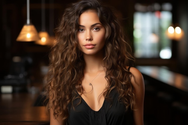 beautiful young woman with long curly hair in a bar