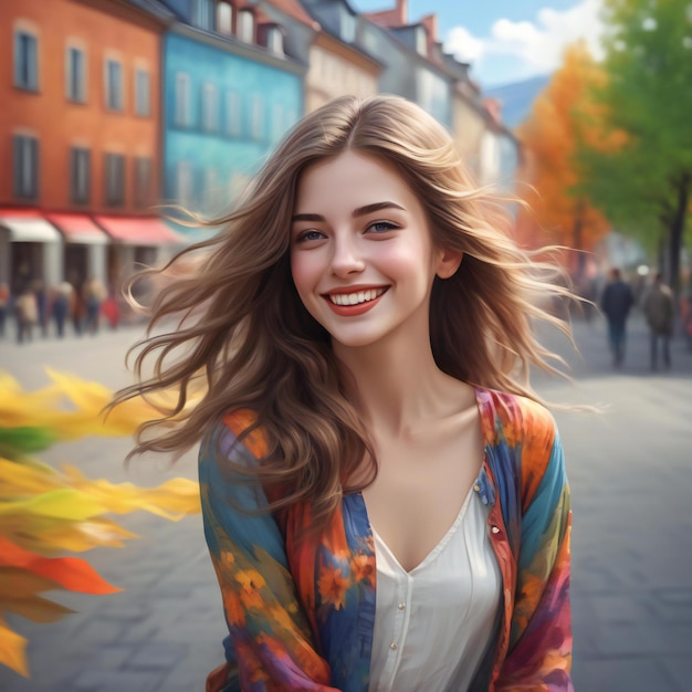 Beautiful young woman with long curly hair in a colorful blouse on the background of the autumn city