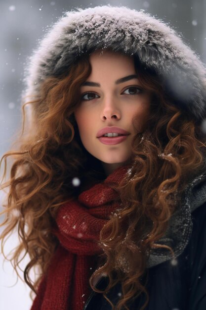 Красивая молодая женщина с длинными кудрявыми волосами в красном свитере и шарфе на фоне зимней ла