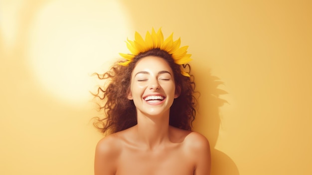 Beautiful young woman with long curly hair and sunflower crown on head Generative AI