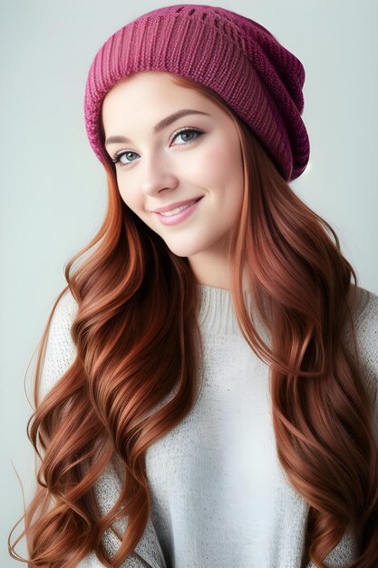 Beautiful young woman with long curly red hair and a knitted hat