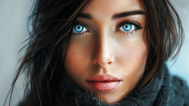 A beautiful young woman with long dark hair and blue eyes She is wearing a black scarf and looking at the camera with a serious expression