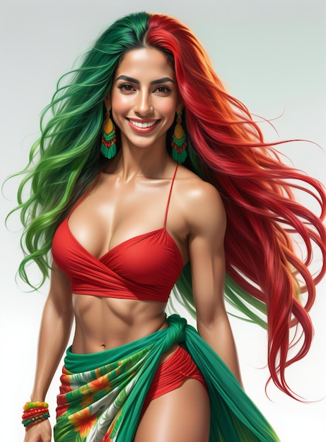 긴 초록색 머리카락과 밝은 메이크업을 가진 아름다운 젊은 여성
