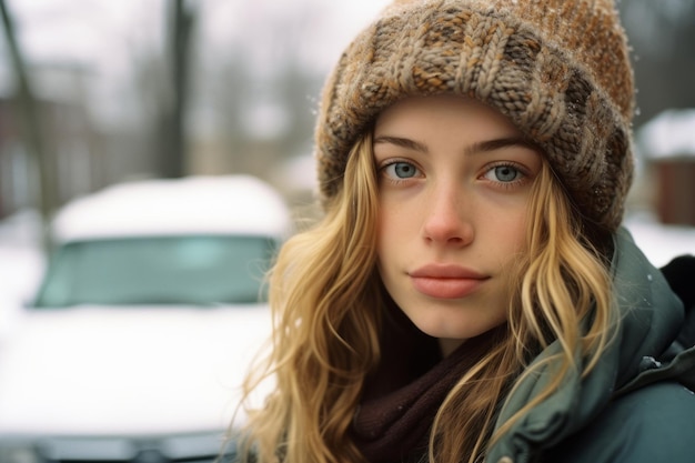 a beautiful young woman with long hair and a beanie standing in front of a car