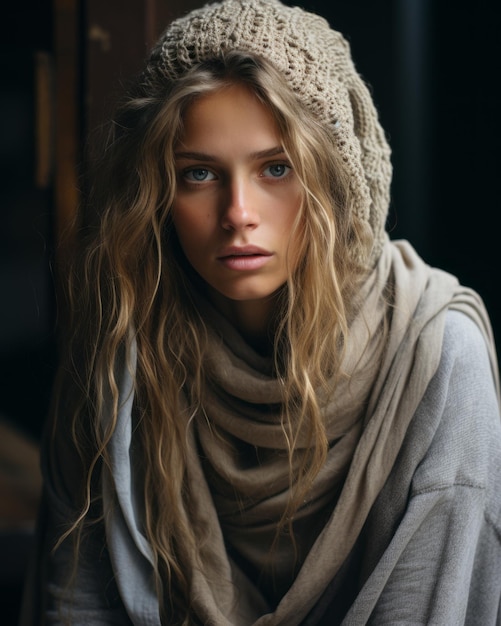 a beautiful young woman with long hair and a beanie