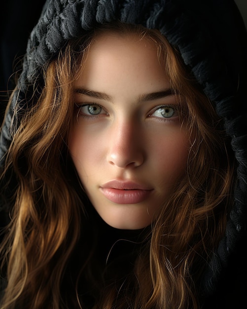 a beautiful young woman with long hair and a black hoodie