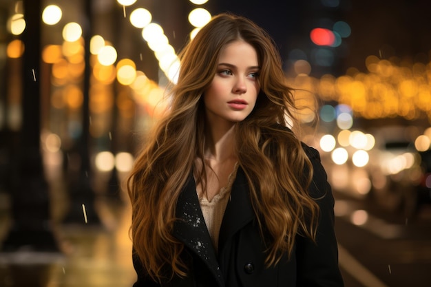 beautiful young woman with long hair in the city at night