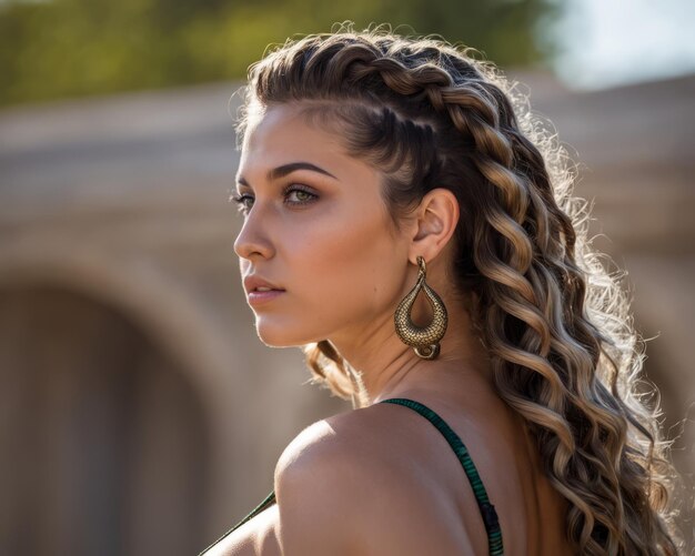 A beautiful young woman with long hair and earrings