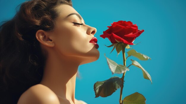 Красивая молодая женщина с длинными волосами с красной розой.